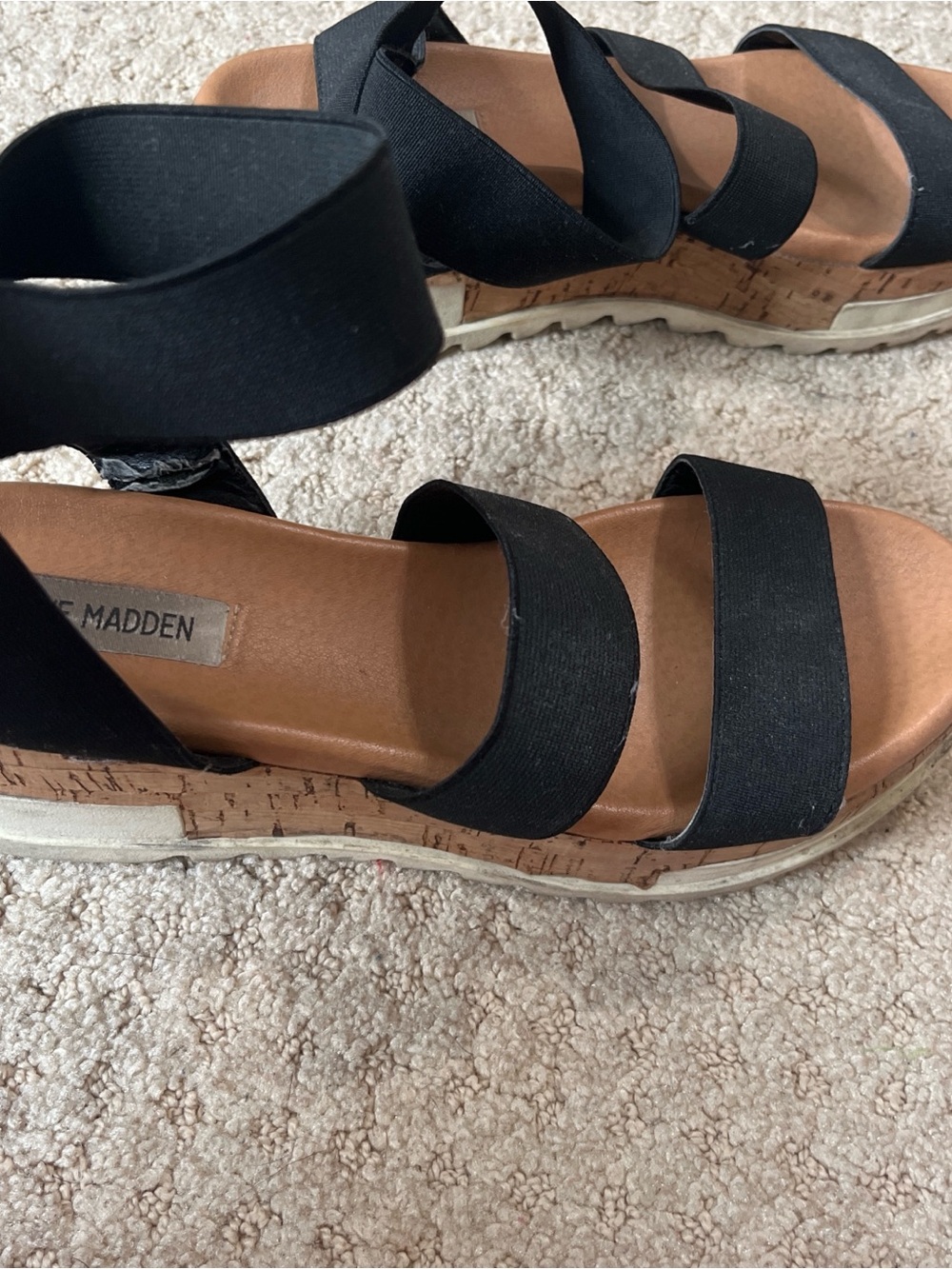 Steve Madden Black Elastic-Strap Cork Platform Sandals